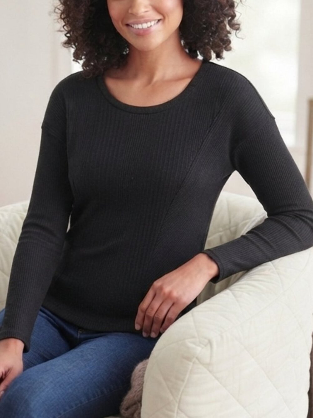 SIMPLY VERA VERA WANG Ribbed Dolman-Sleeve Black Top XS